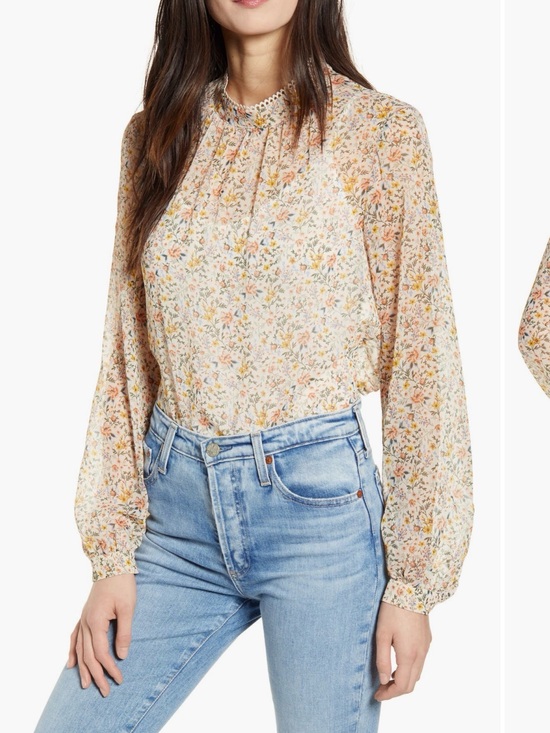 French Connection Tops - French Connection Peach Floral Long-Sleeve Peasant Blouse